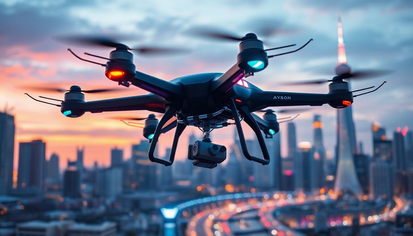 Create an image of a futuristic drone show with enhanced safety features, such as protective nets and advanced control systems, set against a vibrant city skyline.