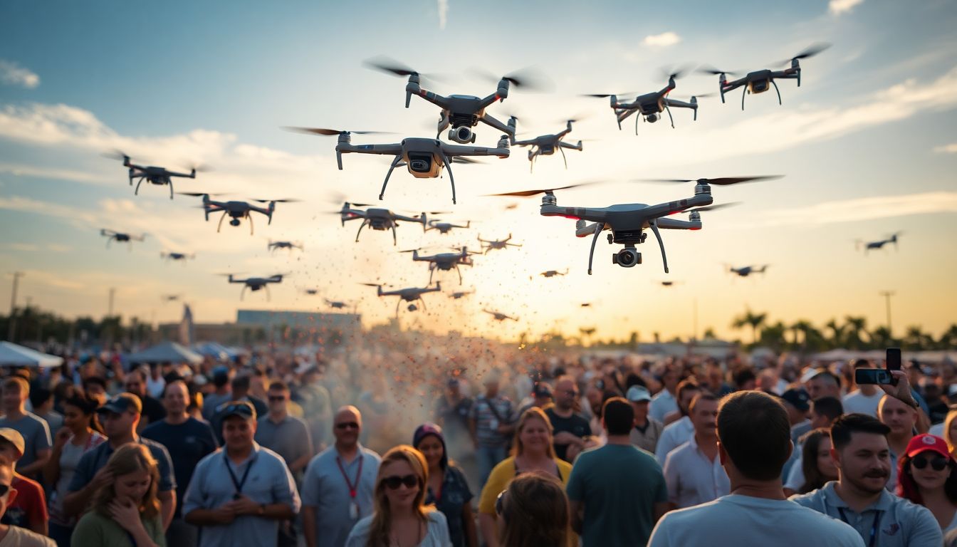 Create an image of a chaotic scene at a drone show in Orlando, with drones colliding mid-air and a crowd of concerned spectators.