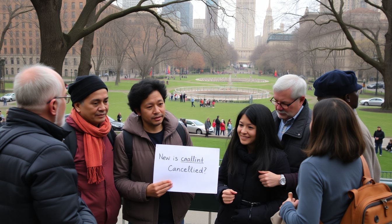 Depict a group of concerned New York residents discussing the cancellation, with Central Park in the background and a sense of community unity.