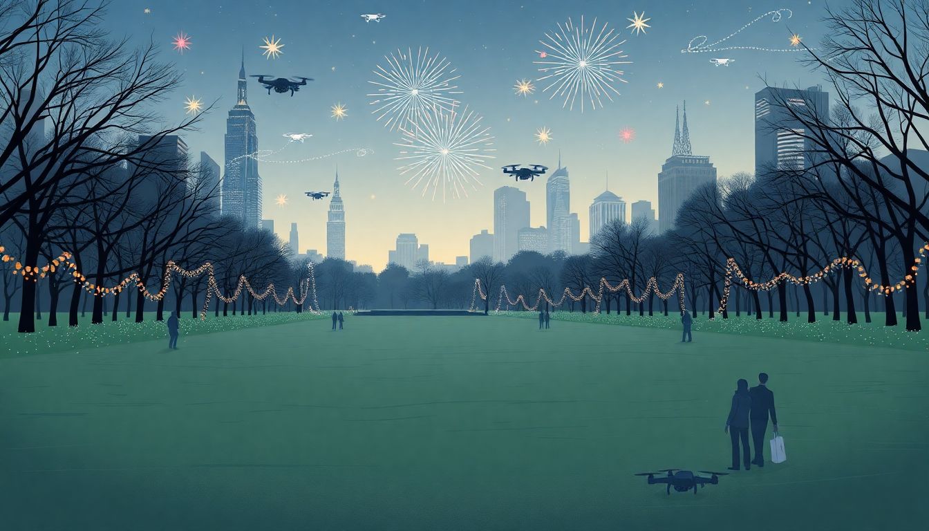 Illustrate a scene of Central Park prepared for a New Year's Eve celebration, but with a noticeable absence of drones in the sky, perhaps a few grounded drones scattered around.