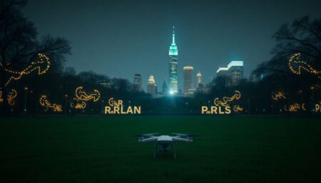 Generate an image of a serene Central Park at night with a hint of New Year's Eve decorations, but with a subtle sense of disappointment, perhaps a single drone grounded on the grass with the city skyline in the background.