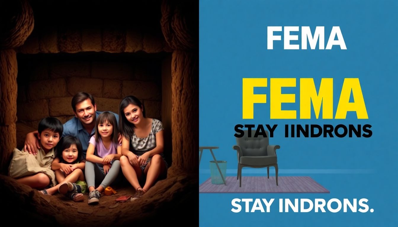 Design a split-screen image with one side showing a family in a bunker and the other side showing a FEMA recommendation to stay indoors.