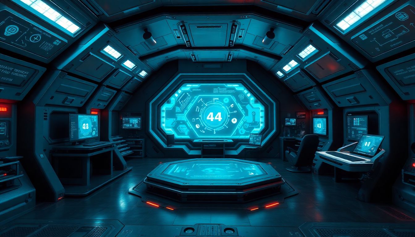 Imagine a futuristic bunker with advanced technology, such as AI-controlled systems and holographic interfaces.