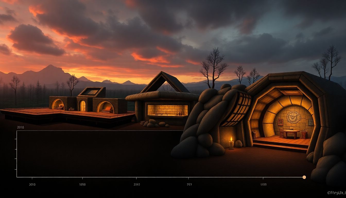 Illustrate a timeline of bunker evolution, from simple military shelters to modern, luxurious doomsday bunkers.