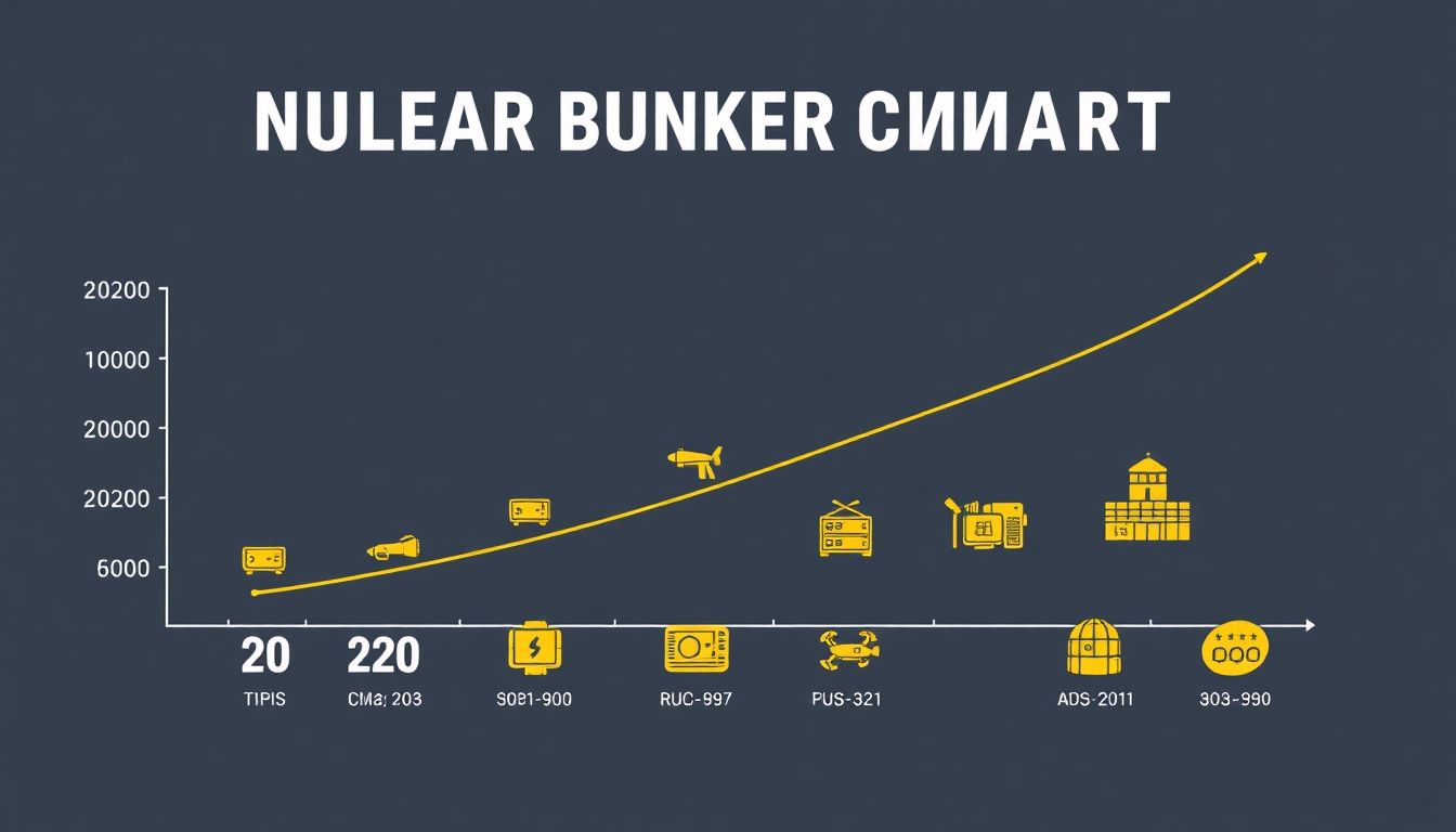 Create a graph showing the growth of the nuclear bunker market from 2020 to 2030, with icons representing luxurious amenities.