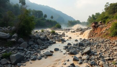 Generate an image of the devastating flood in Nepal's Melamchi Valley, showcasing the overwhelming force of nature with rocks, trees, and mudflows sweeping through the valley.