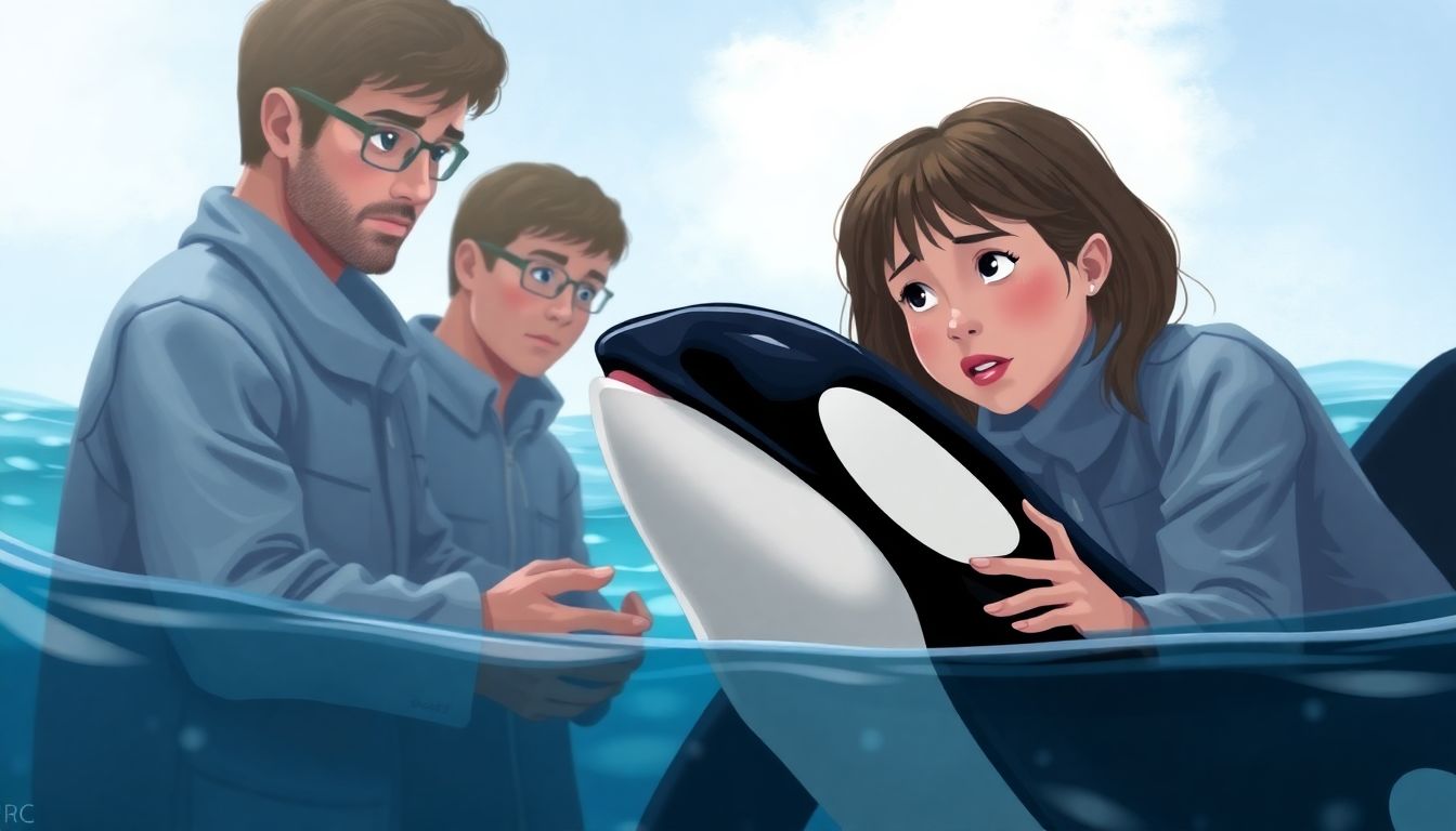 Design an image depicting researchers observing the orca calf, with a thoughtful and concerned expression, highlighting the challenges faced by the newborn.