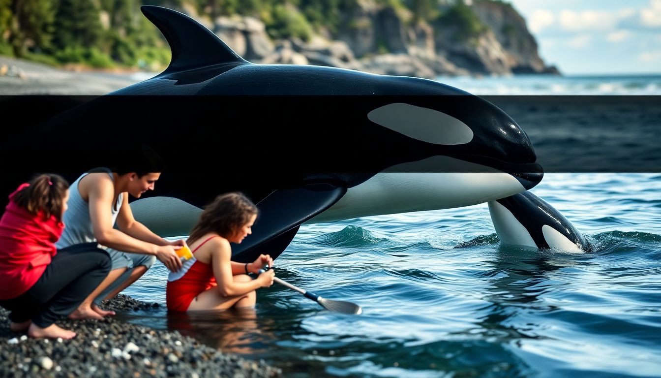 Create an inspiring image of people engaging in activities that support orca conservation, such as cleaning beaches, using eco-friendly products, and promoting salmon restoration.