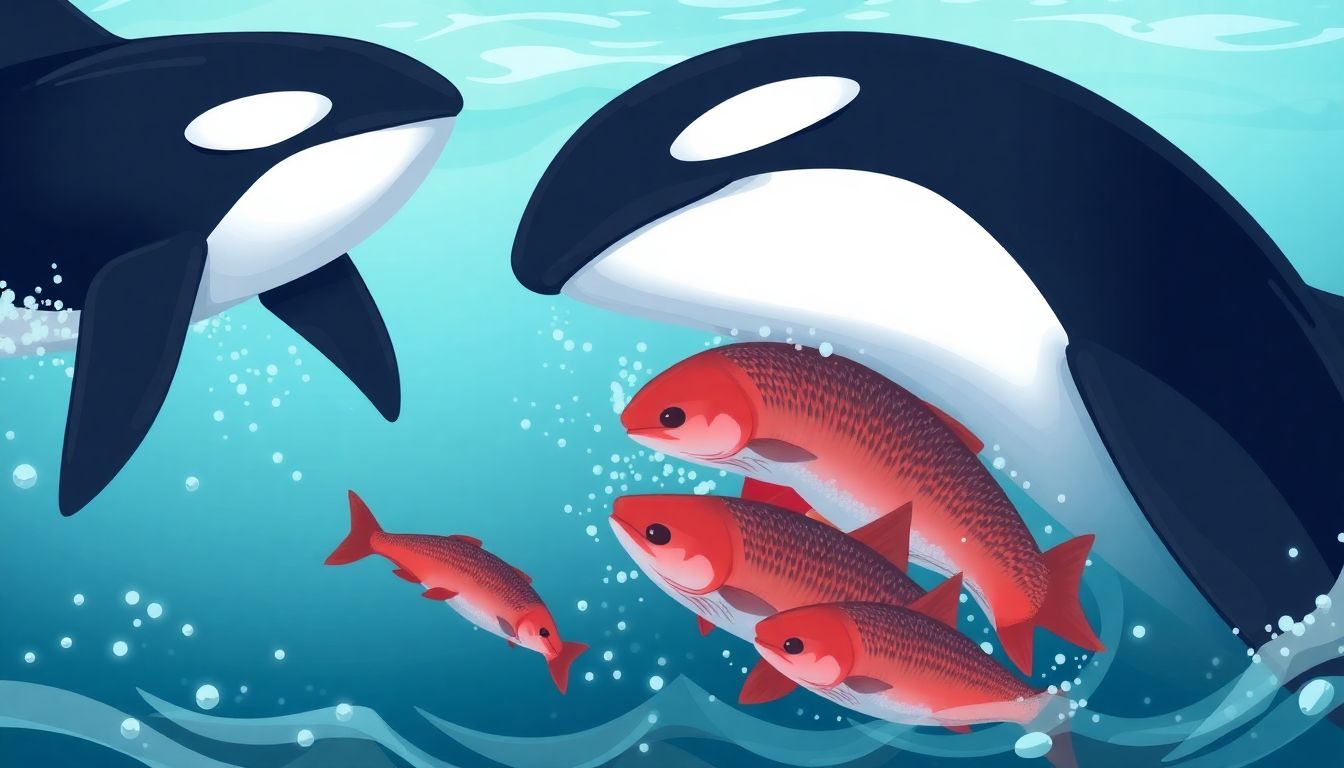 Illustrate a scene where orcas are feeding on salmon, with a focus on the abundance and health of the salmon stocks, emphasizing their critical role in the orcas' survival.