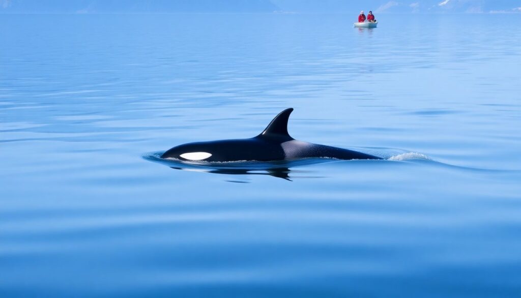 Generate an image of an orca calf swimming alongside its mother in the vast, serene waters of the Salish Sea, with a backdrop of researchers observing from a distance, highlighting the delicate balance between nature and human intervention.