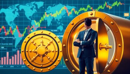 Create an image depicting a financial manager standing beside a golden vault, with global stock market charts and graphs in the background, highlighting the risks and opportunities in the current economic climate.