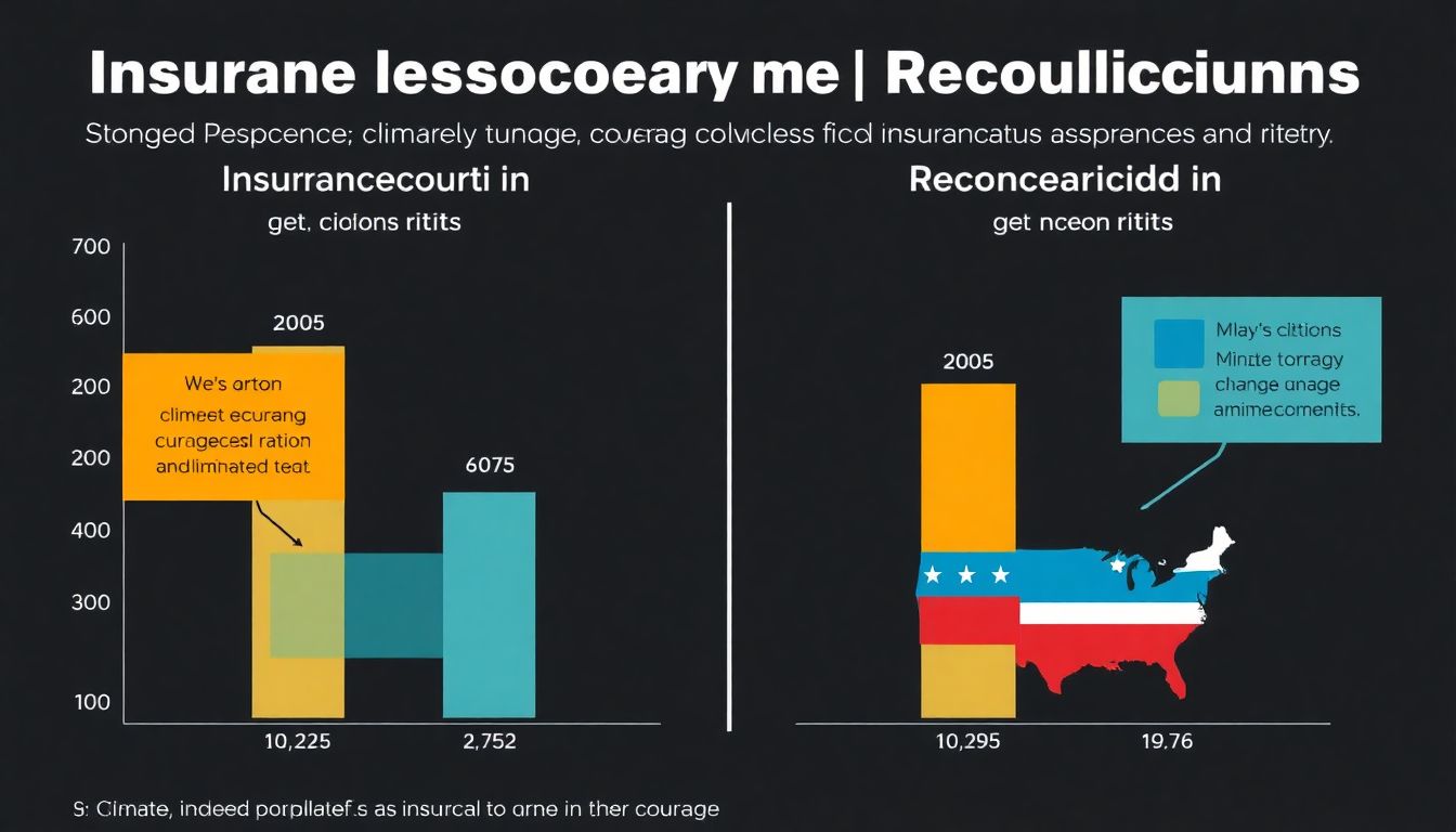 A chart comparing insurance coverage rates among Democrats and Republicans, with visuals highlighting the correlation between climate change beliefs and insurance status.