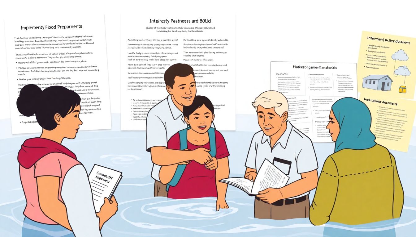 An illustration of community members working together to implement flood preparedness measures, with a background of policy documents and educational materials.