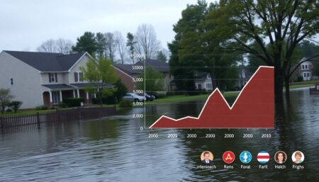 Create an image of a suburban neighborhood partially submerged in floodwater, with a graph showing the disparity in insurance coverage overlaid on the scene. Include icons representing political affiliations to highlight the partisan divide.