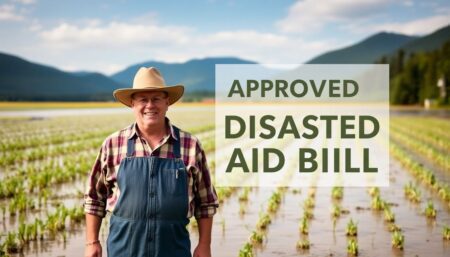 Create an image of a Vermont farmer standing in a flooded field, with a backdrop of the Green Mountains and a superimposed graphic of the approved disaster aid bill.