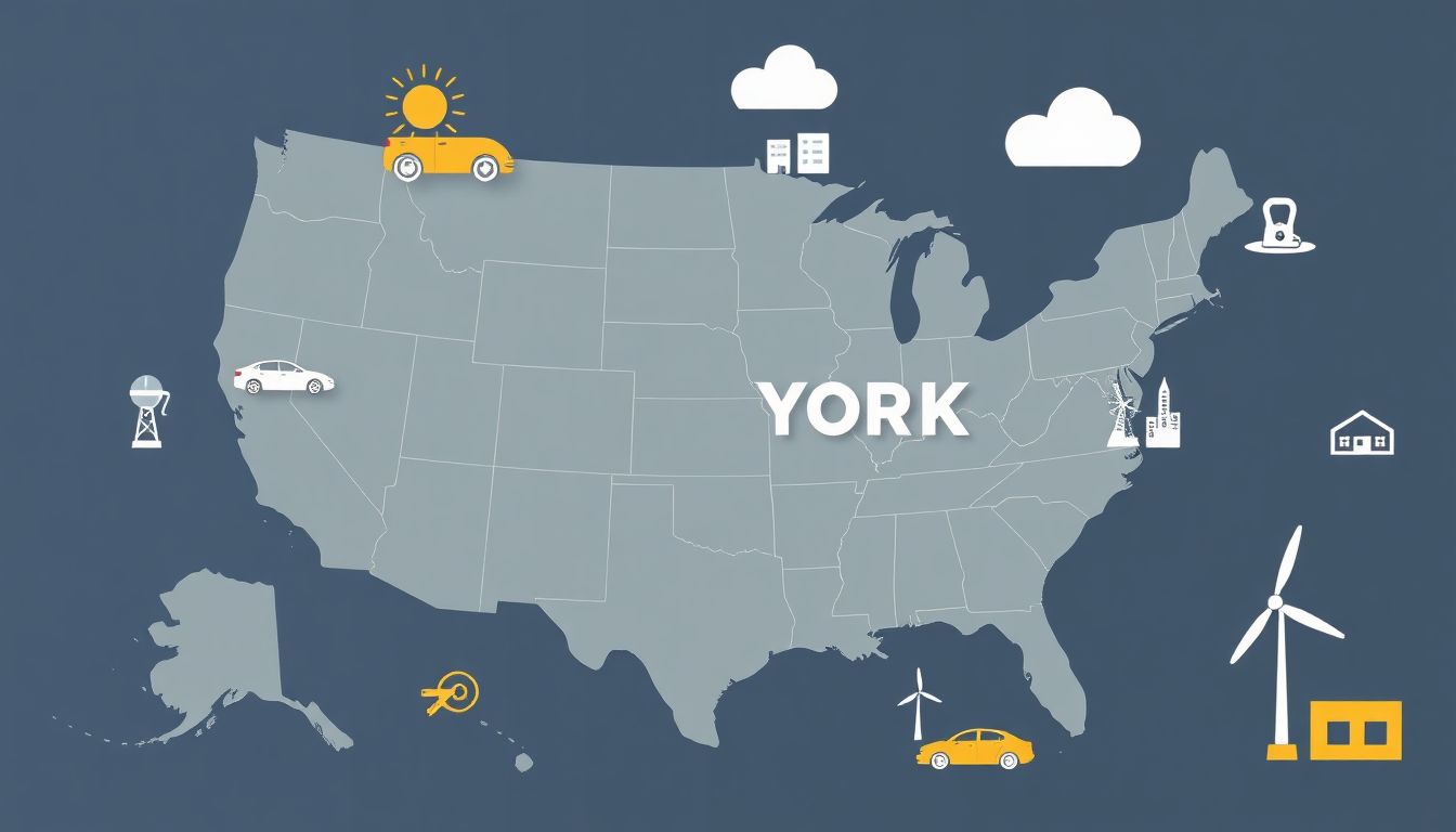 Create an image of a map of the United States with New York and California highlighted, surrounded by icons of electric cars and renewable energy sources.