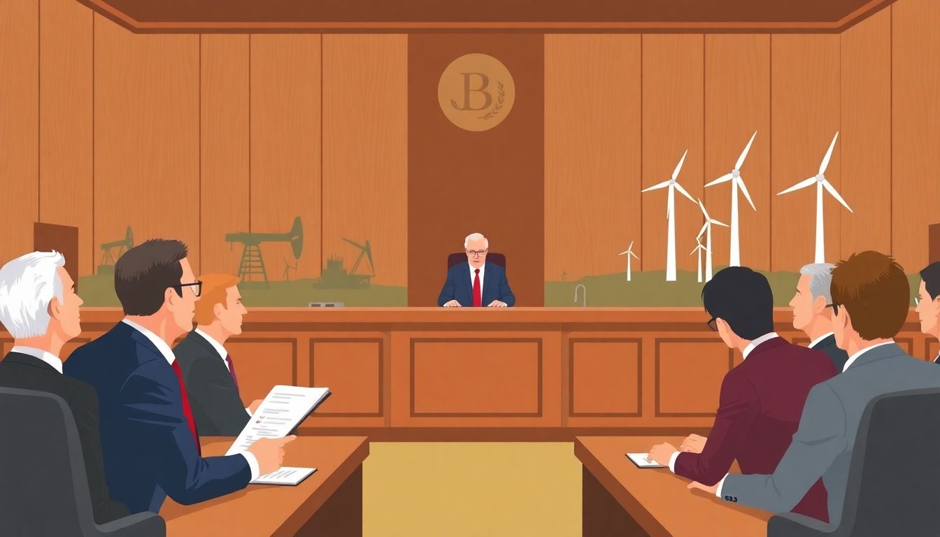 Illustrate a courtroom scene with lawyers presenting arguments before a judge, with a backdrop of oil rigs and wind turbines.