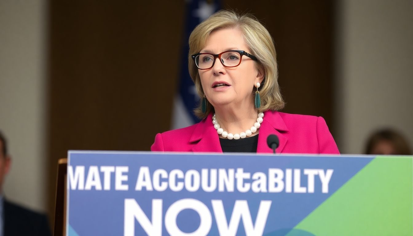 Design an image of Sen. Liz Krueger speaking at a podium with a banner that reads 'Climate Accountability Now'.