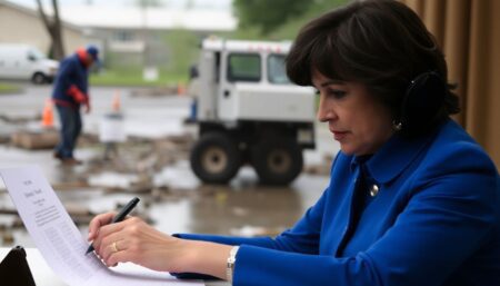 Generate an image of New York Governor Kathy Hochul signing a document with a backdrop of a natural disaster cleanup operation.