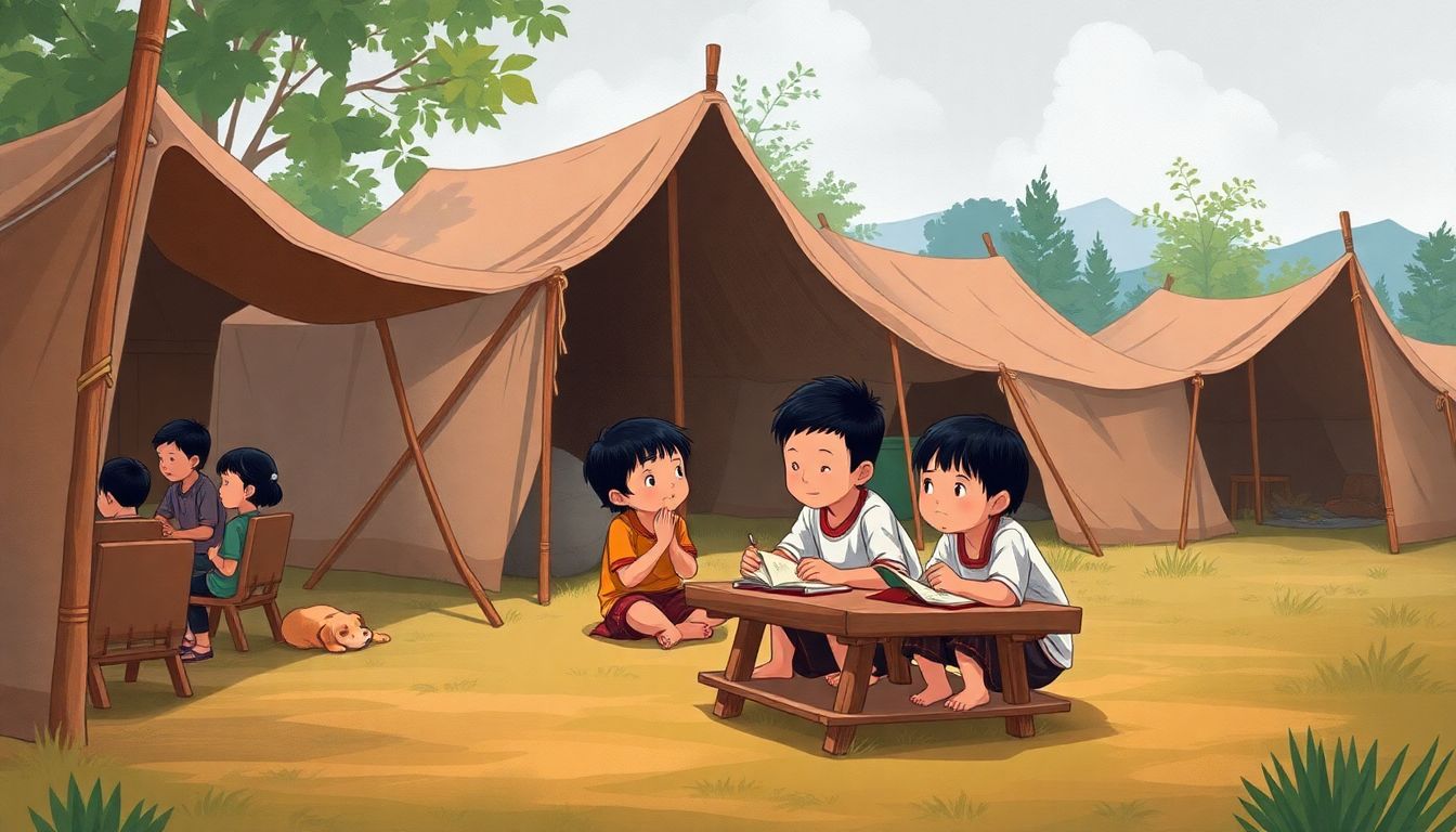 A heartwarming illustration of the early days of the Baan Than Namchai Foundation, with children living in tents, playing and studying together.