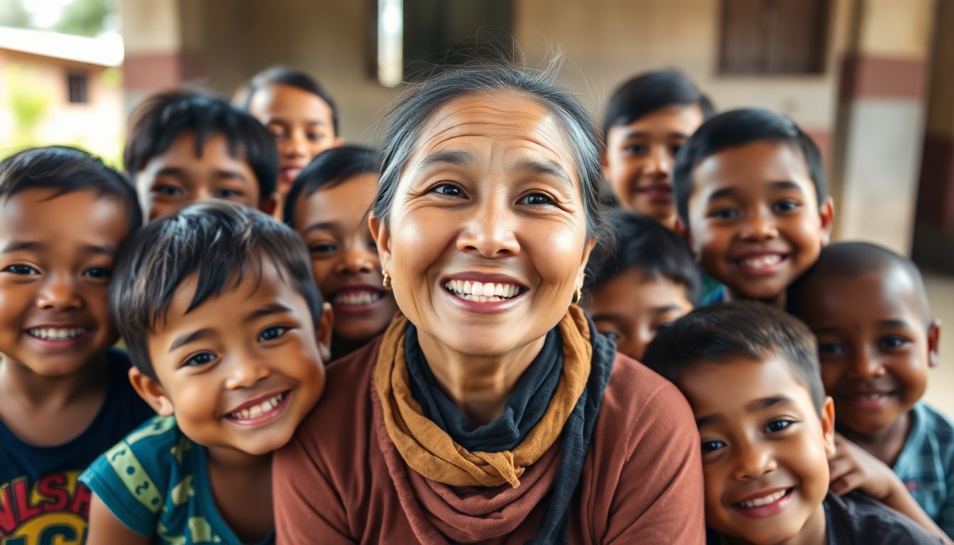 A inspiring portrait of Watana, surrounded by the children of the orphanage, all smiling and looking towards a bright future.