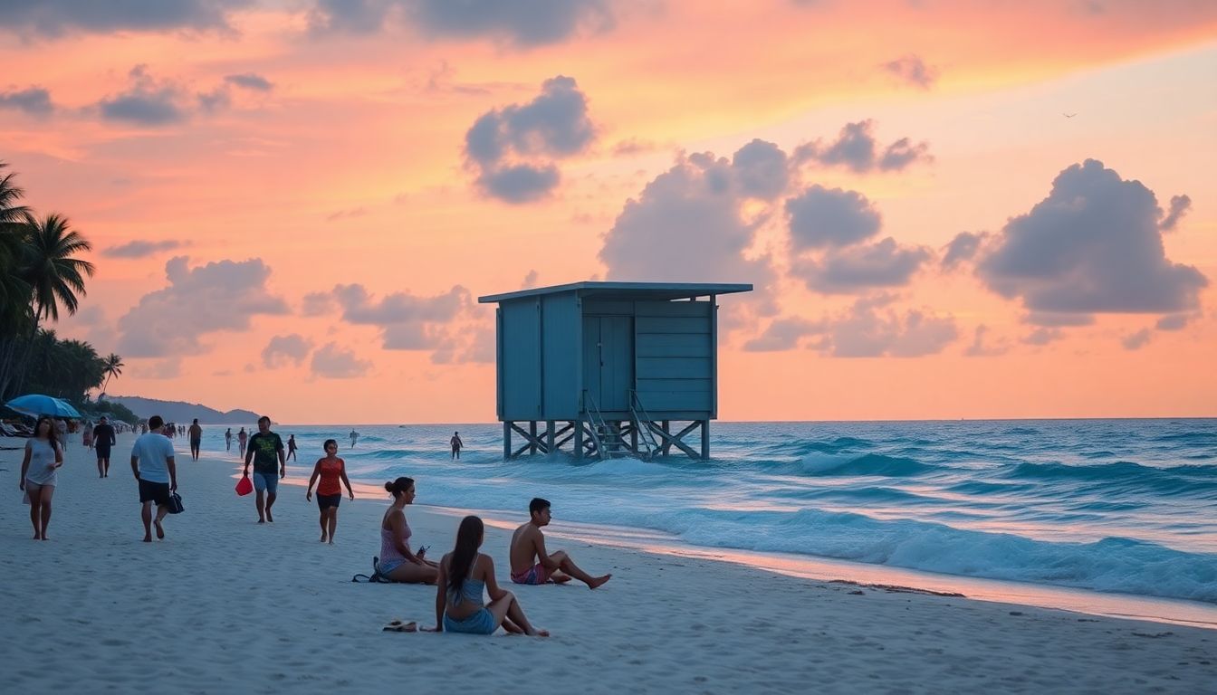 A powerful image showcasing the rebuilt Khao Lak, with tourists enjoying the beach while a tsunami shelter stands prominently in the background, symbolizing the blend of remembrance and progress.