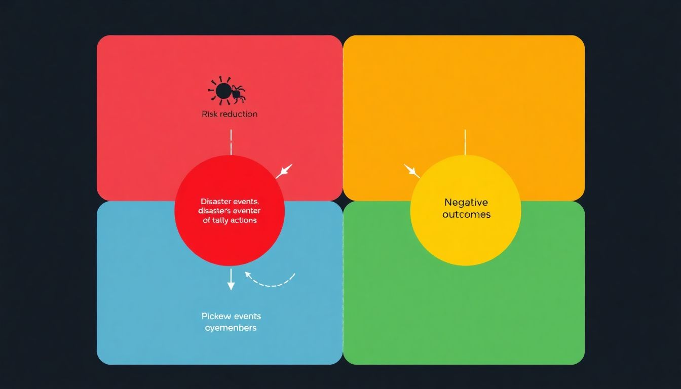 Illustrate a conceptual diagram showing the potential pathways from disaster events to risk reduction actions, including both positive and negative outcomes.