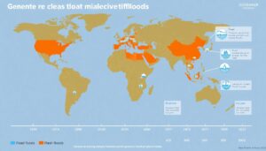 Generate an image that depicts a global map highlighting the countries most affected by floods, with icons representing various flood types (riverine, coastal, ice jam, and flash floods) and a timeline showing significant milestone flood events from 1970 to 2021.