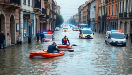 Generate an image of a flooded street in Spain with people being rescued by emergency services, highlighting the severity of the disaster.