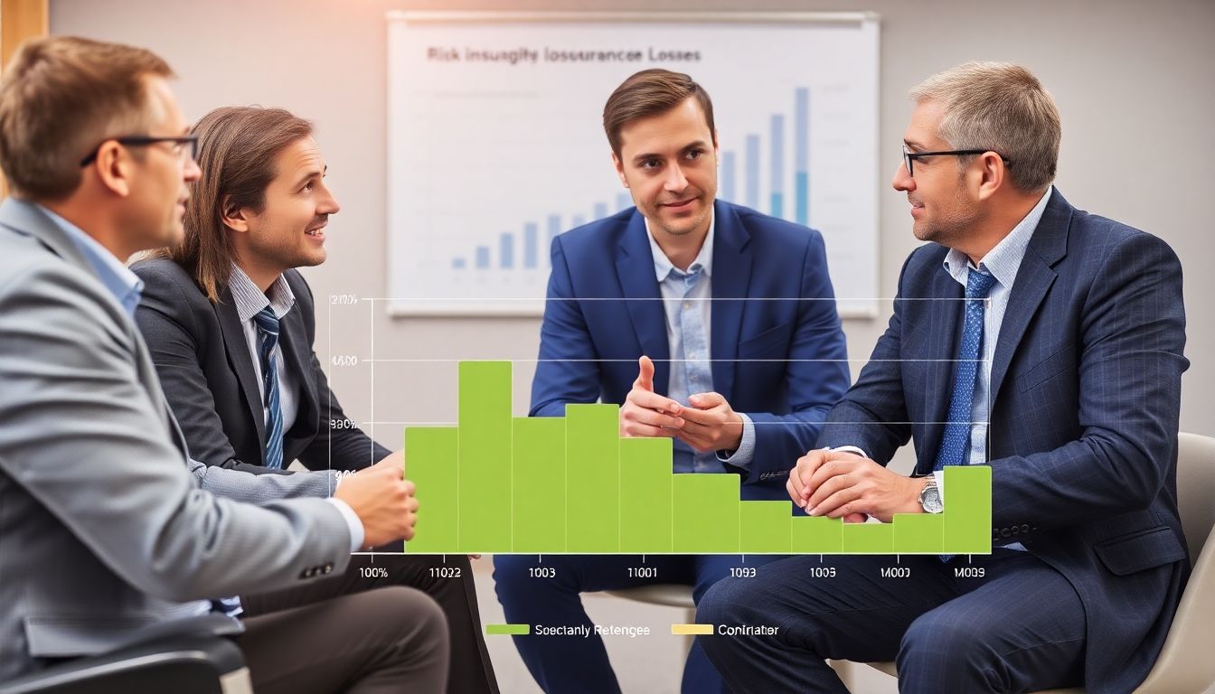 An image of reinsurance professionals discussing risk management strategies, with a graph or chart showing the distribution of insurance losses.