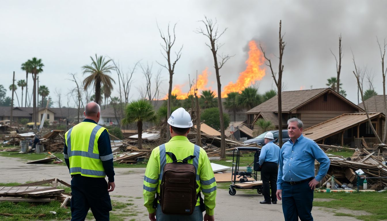 An image of a U.S. natural disaster, such as a hurricane or wildfire, with insurance adjusters and reinsurance professionals in the foreground.