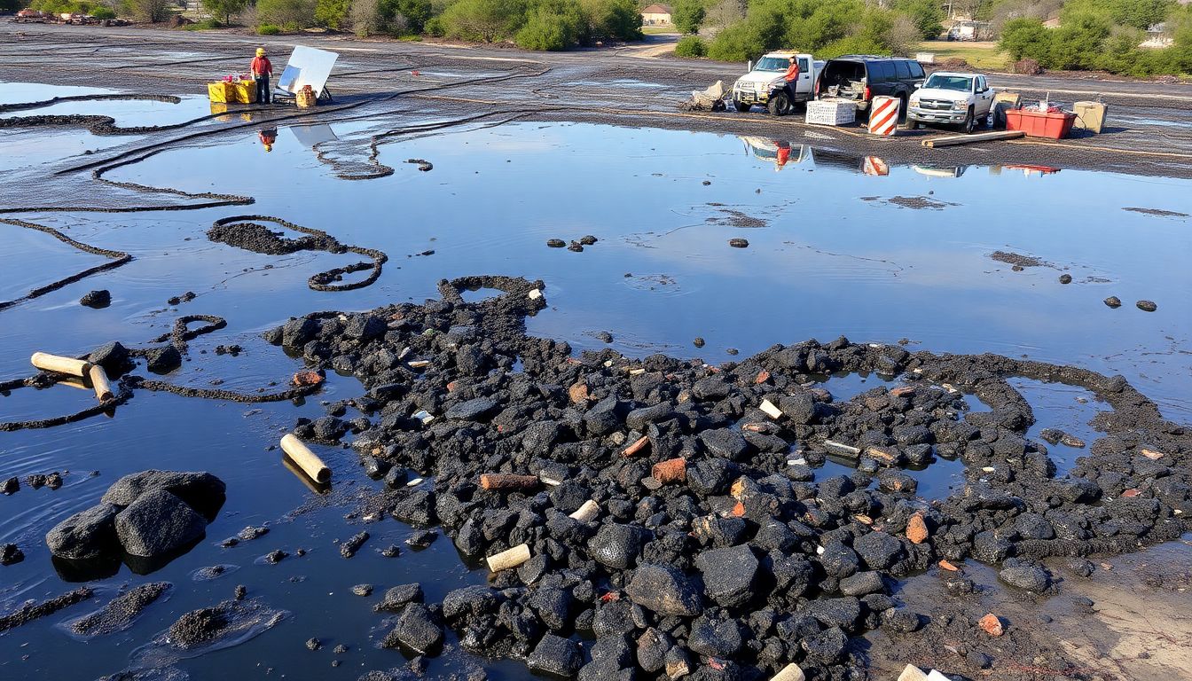 An image of a human-made disaster, such as an oil spill or industrial accident, with cleanup efforts and regulatory meetings in the background.