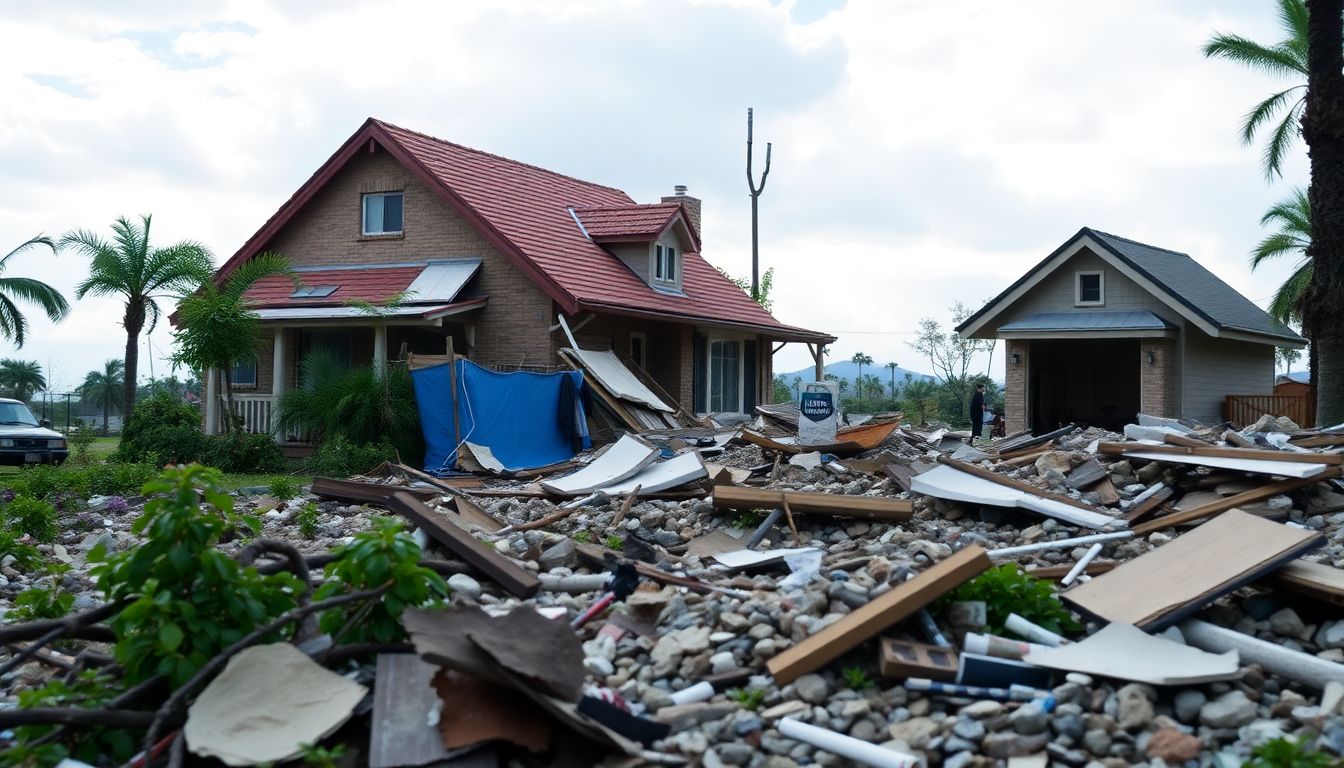 An image of a natural disaster, such as a hurricane or earthquake, with insurance claims and recovery efforts in the background.