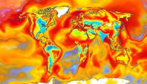 Create an image that visualizes the global distribution of extreme weather events influenced by climate change, with a focus on heatwaves, floods, and droughts. Use vibrant colors and interactive elements to highlight the most affected regions and the severity of the events.