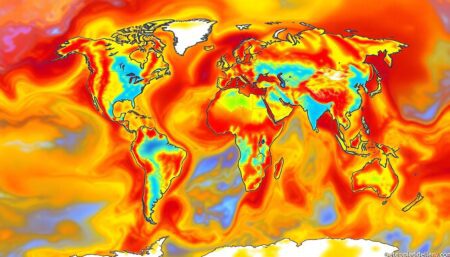 Create an image that visualizes the global distribution of extreme weather events influenced by climate change, with a focus on heatwaves, floods, and droughts. Use vibrant colors and interactive elements to highlight the most affected regions and the severity of the events.