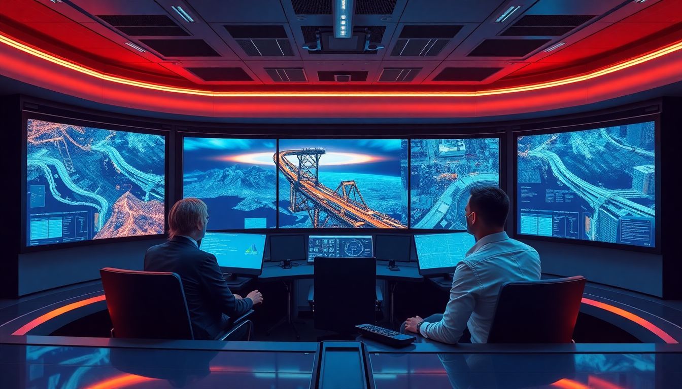 Create an image of a futuristic control room with advanced technology monitoring natural disasters in real-time, with insurance professionals discussing strategies.