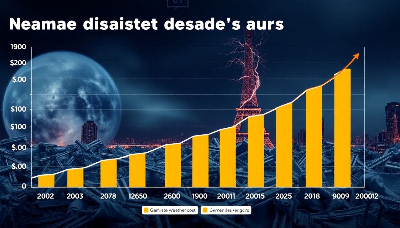 Generate an image showing a graph of increasing natural disaster frequencies and costs over the years, with a backdrop of extreme weather events.