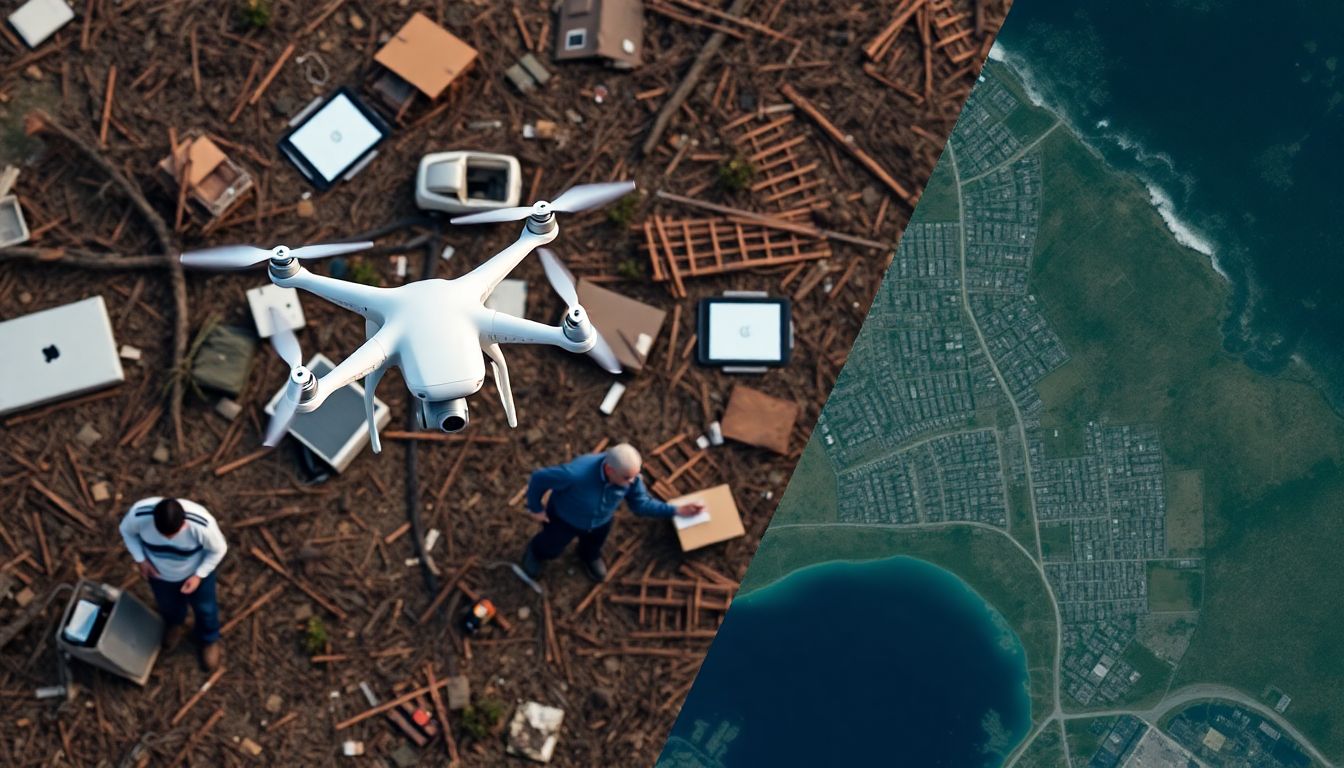 Generate an image of a drone surveying a disaster area, with insurance adjusters using tablets to gather data, and a satellite image of the affected region.