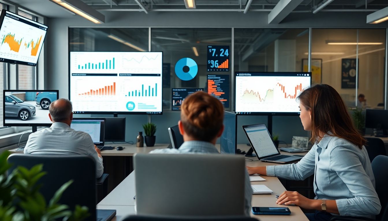 Create an image of insurance professionals working diligently in an office, with charts and data on natural disasters displayed on screens around them.