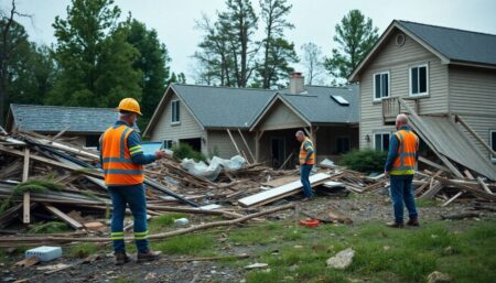 Create an image of a natural disaster scene with insurance adjusters assessing the damage, highlighting the collaboration between technology and human effort in the claims process.