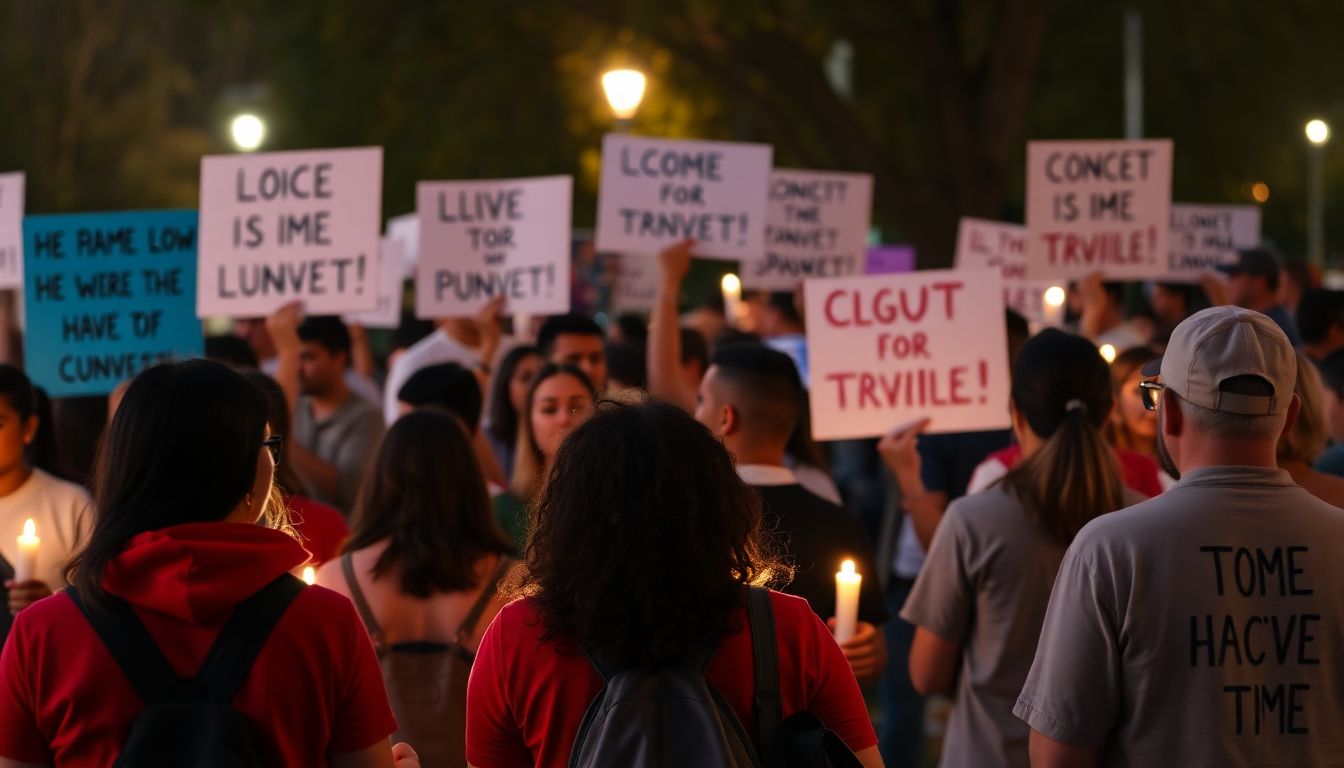 Generate an image of community members gathering for a vigil, with signs of support and solidarity.