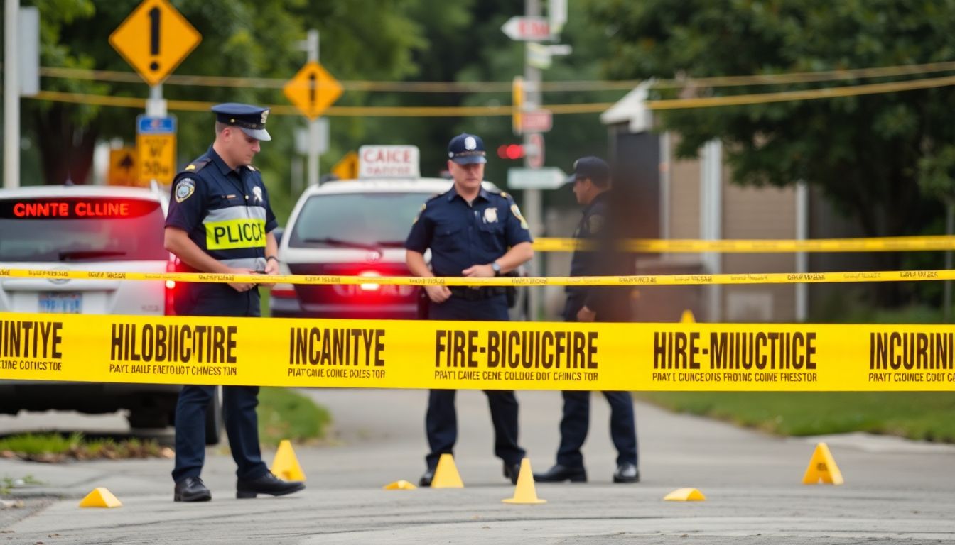 Generate an image of police officers investigating the scene, with evidence markers and crime scene tape.