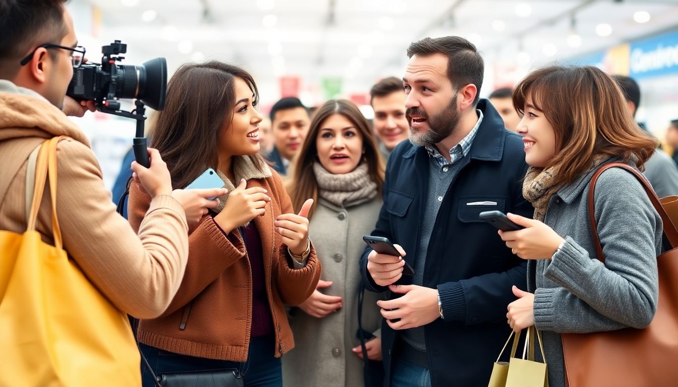 Generate an image of shoppers being interviewed by reporters, with expressions of shock and relief.