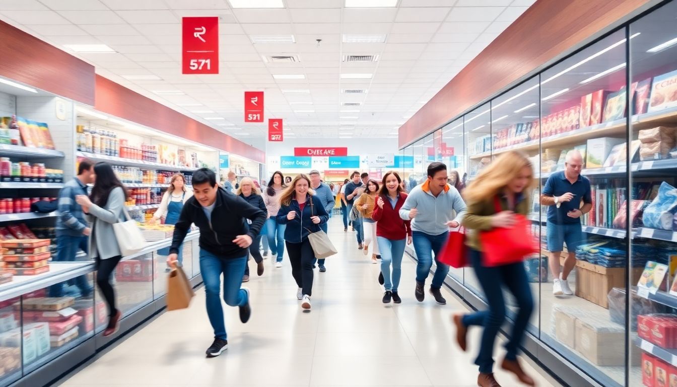 Generate an image of shoppers running in panic, with some hiding behind counters and others trying to escape.