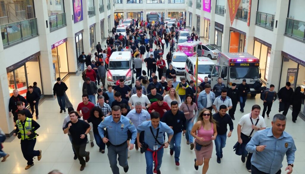 Generate an image of a crowded mall with people running in panic, with police officers and emergency vehicles outside.