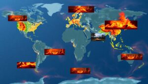 Create an image depicting a global map with various climate disasters highlighted, including heatwaves, floods, cyclones, and wildfires, with a sense of urgency and global impact.