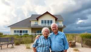 Create an image of a retired couple standing in front of a beachfront property with storm clouds gathering in the background, highlighting the mix of appeal and risk.