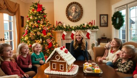 A cozy living room decorated for Christmas, with a beautifully decorated tree, stockings hung by the fireplace, and a half-collapsed gingerbread house on the table, surrounded by laughing children and a smiling Reese Witherspoon.