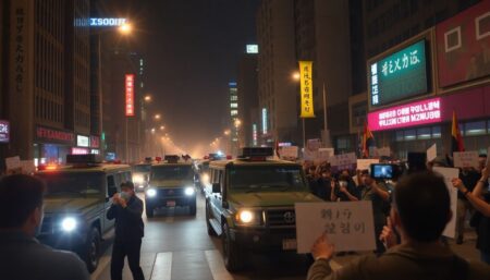 Generate an image of a chaotic night scene in Seoul, with military vehicles and soldiers in the streets, while protesters hold signs and shout, and news cameras capture the unfolding drama.