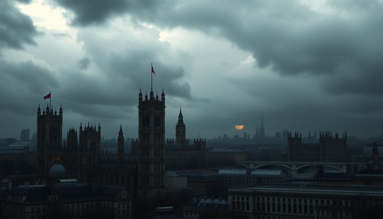 Design an ominous image of England under siege, with dark clouds of war and disease looming over its iconic landmarks.